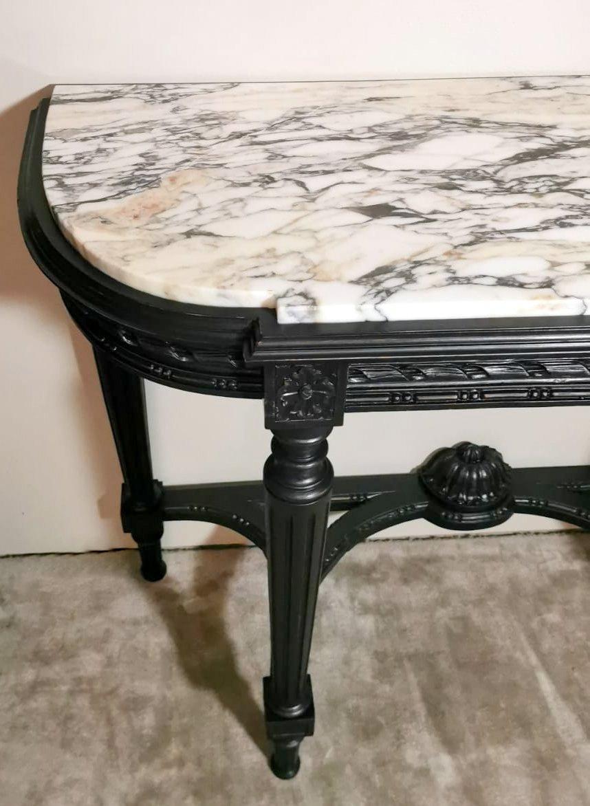 Carrara Marble Napoleon III Style French Console Table Black Wood And Carrara Arabesque Marble For Sale