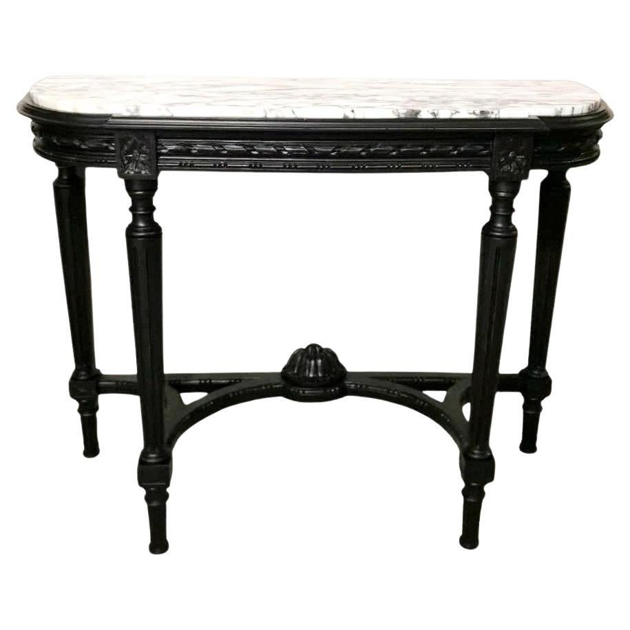 Table console française de style Napoléon III Bois noir et marbre Arabesque de Carrare