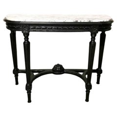 Antique Napoleon III Style French Console Table Black Wood And Carrara Arabesque Marble