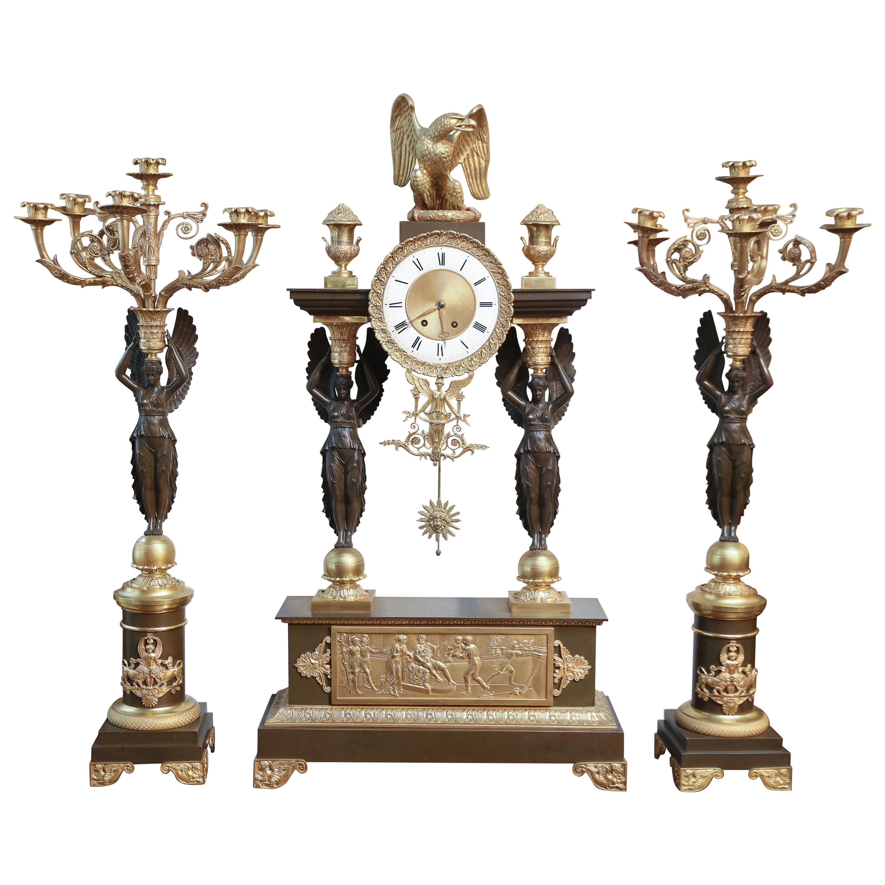 Napoleon III Style French Gilt Bronze & Patinated Three-Piece Clock Garniture