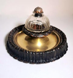 Napoleon III Style French Inkwell Made of Wood, Brass and Crystal