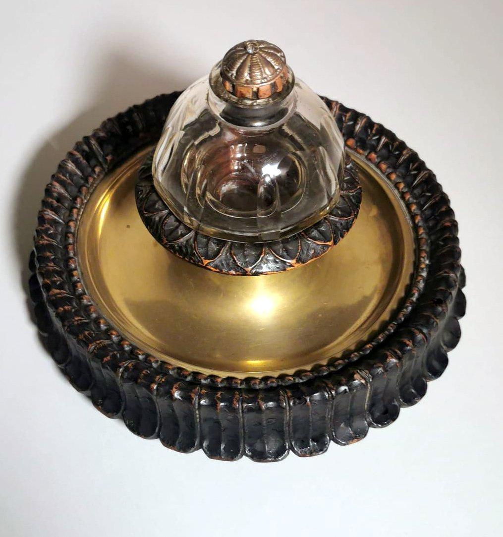 Hand-Crafted Napoleon III Style French Inkwell Made of Wood, Brass and Crystal For Sale