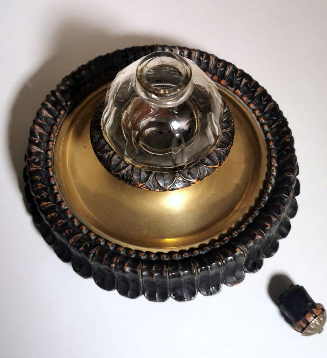 19th Century Napoleon III Style French Inkwell Made of Wood, Brass and Crystal For Sale