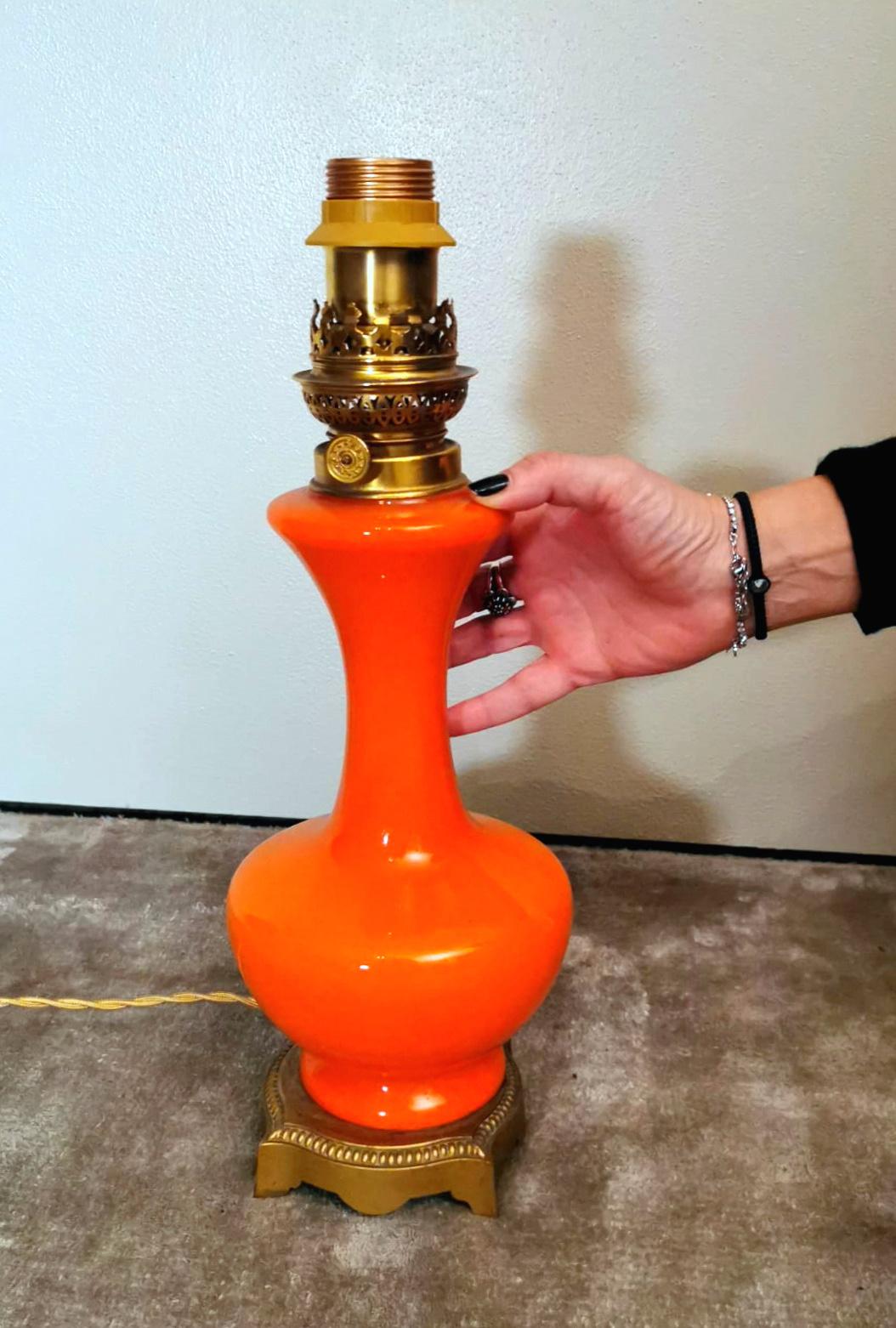 Napoleon III Style French Opaline Orange Glass Lamp Golden Brass Base For Sale 8