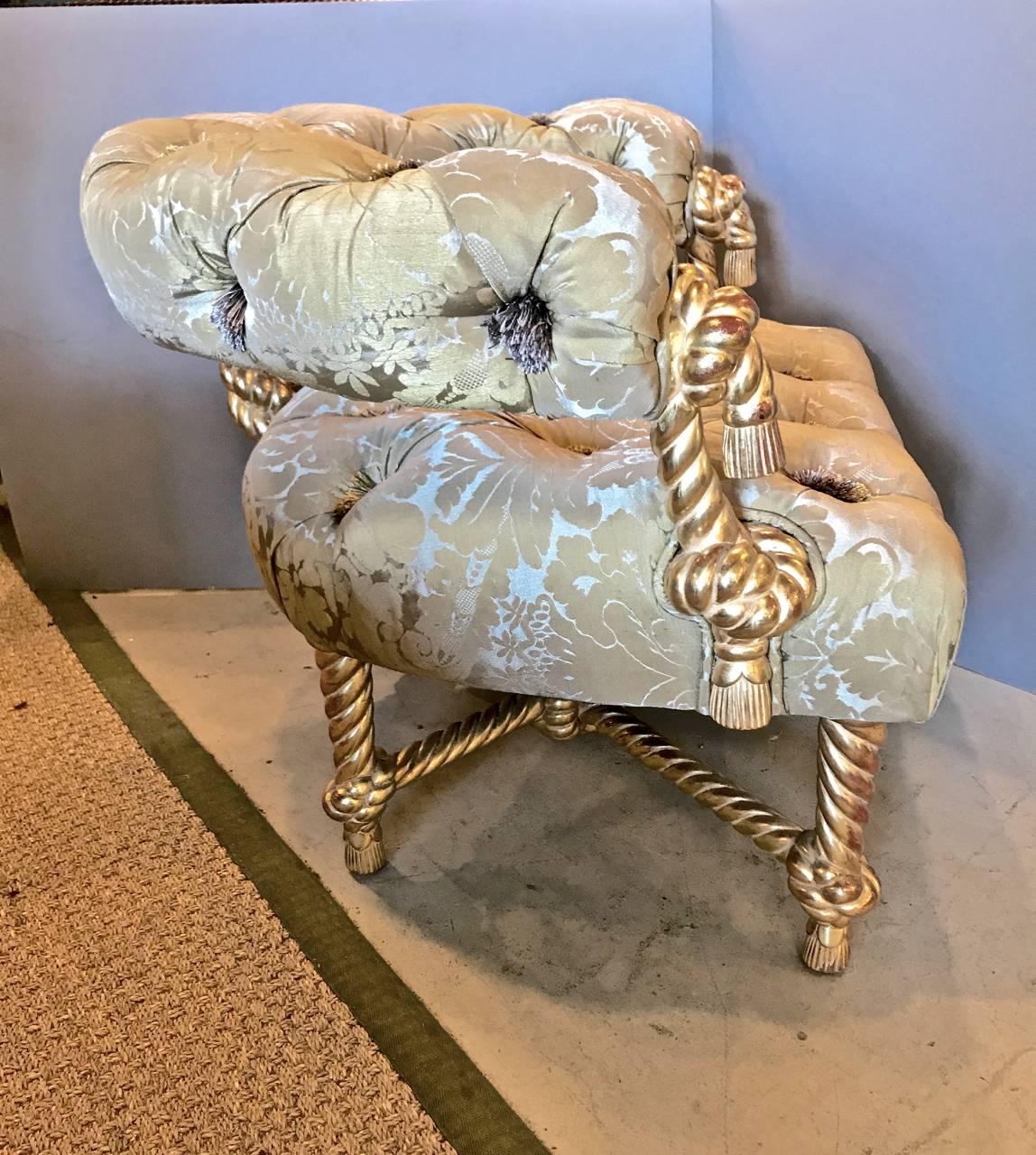 Hand-Carved Napoleon III Style Gilt Rope Carved Chair in Diamond Tufting