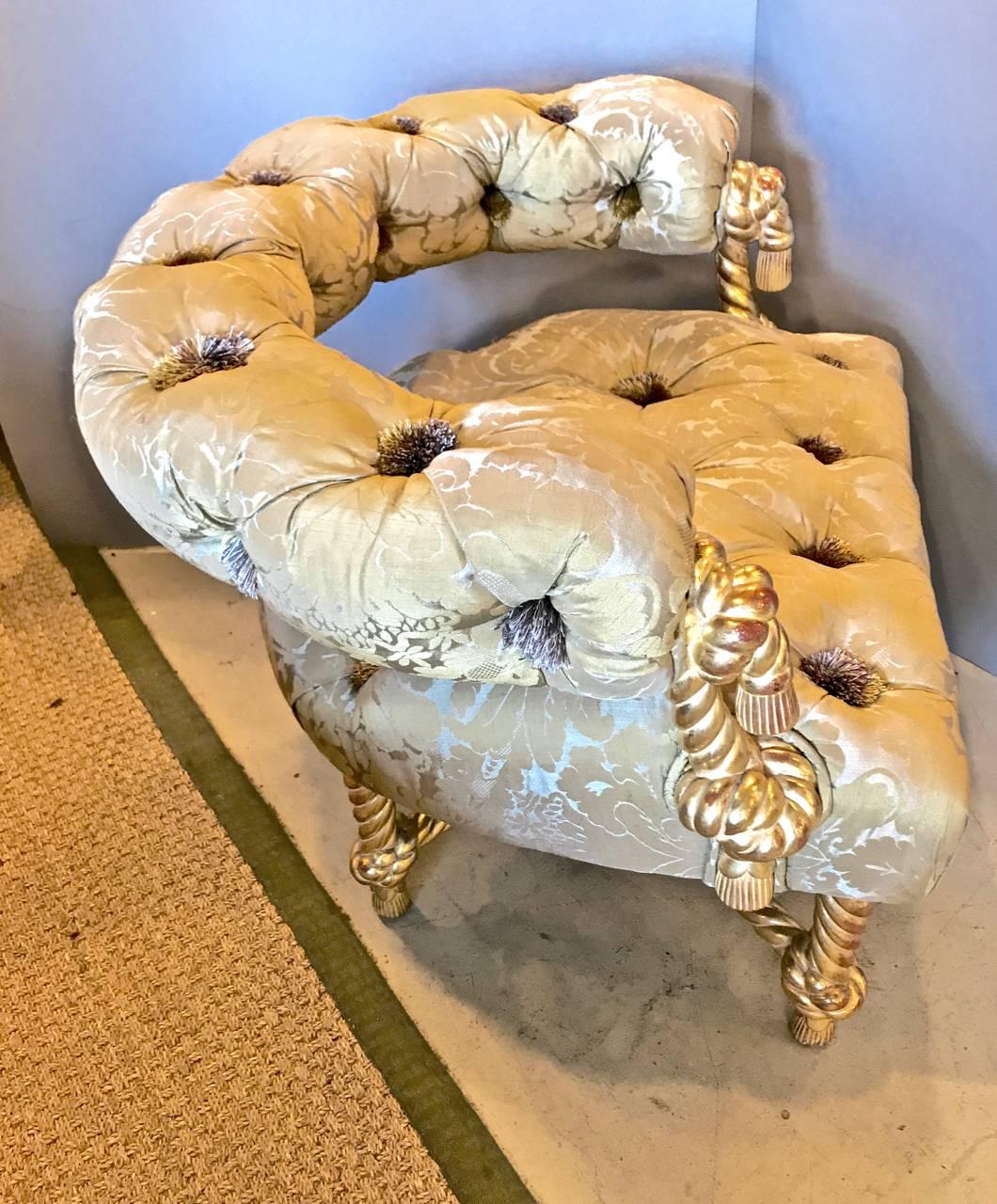Napoleon III Style Gilt Rope Carved Chair in Diamond Tufting In Distressed Condition In Pasadena, CA