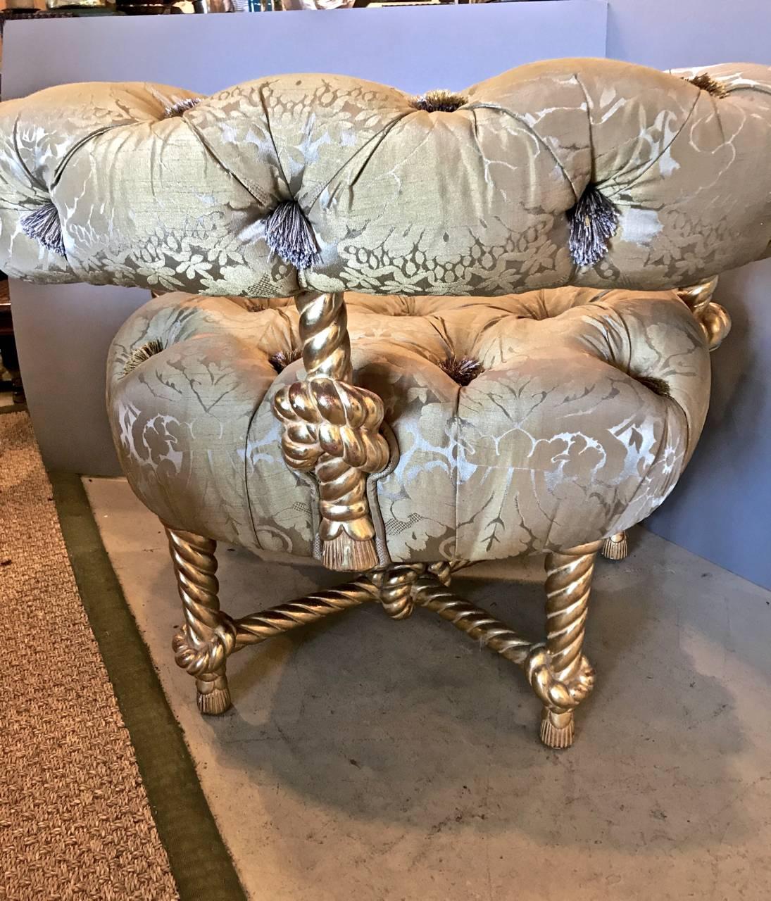 20th Century Napoleon III Style Gilt Rope Carved Chair in Diamond Tufting
