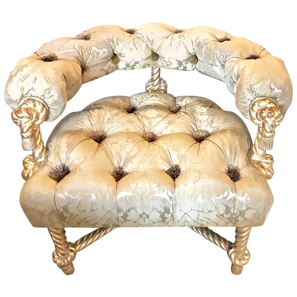 Napoleon III Style Gilt Rope Carved Chair in Diamond Tufting