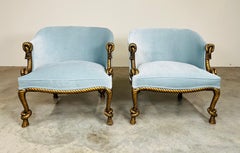 Napoleon III Style Blue Velvet Gold Gilt-wood Carved Rope & Tassel Chairs