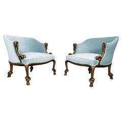 Napoleon III Style Blue Velvet Gold Gilt-wood Carved Rope & Tassel Chairs