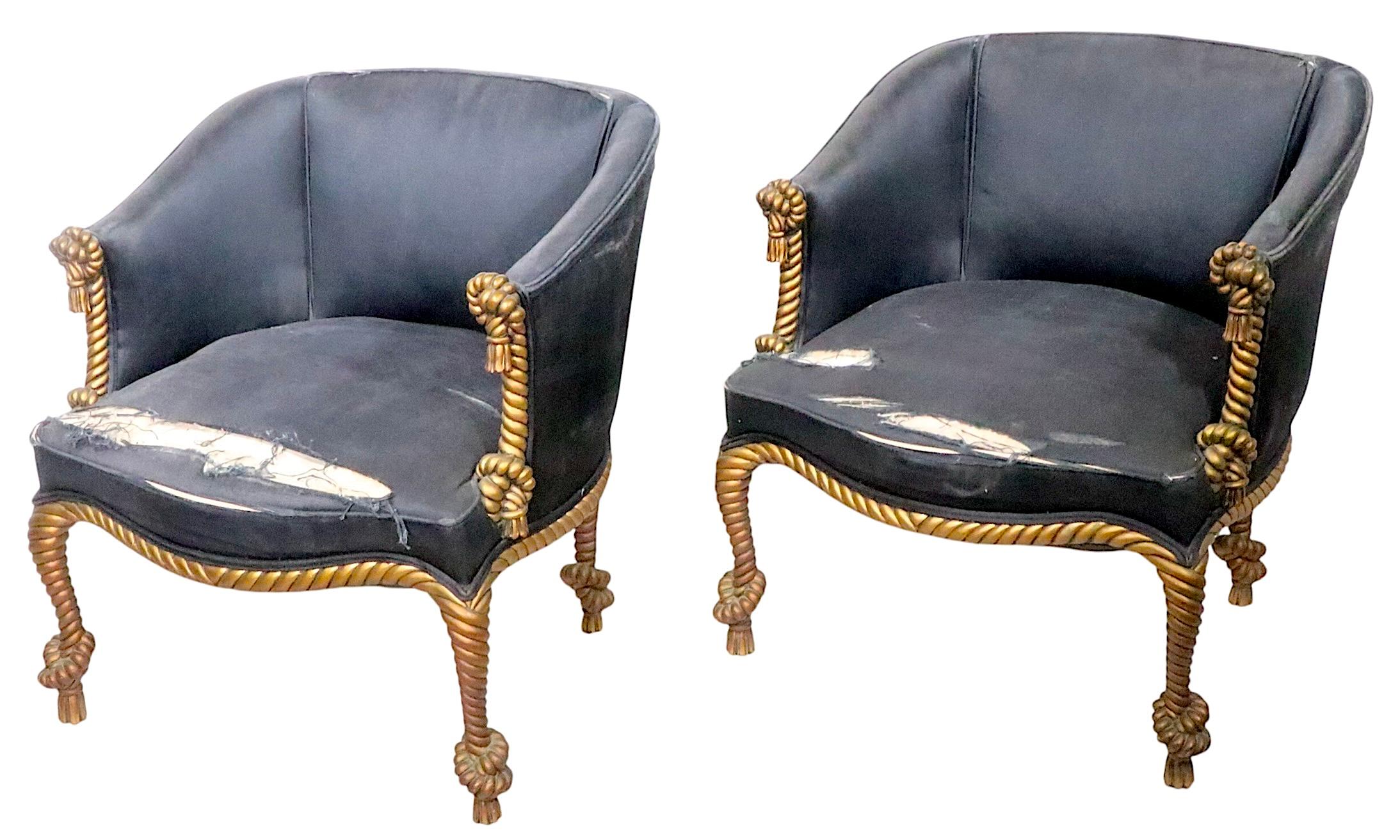 XX secolo Sedie da vasca con cornice a corda dorata in stile Napoleone III 3 disponibili in vendita