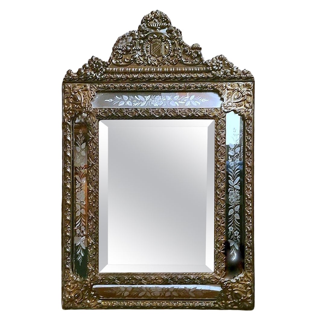 Napoleon III Style Huge Wall Mirror In Burnished Brass "Repoussé" Workmanship