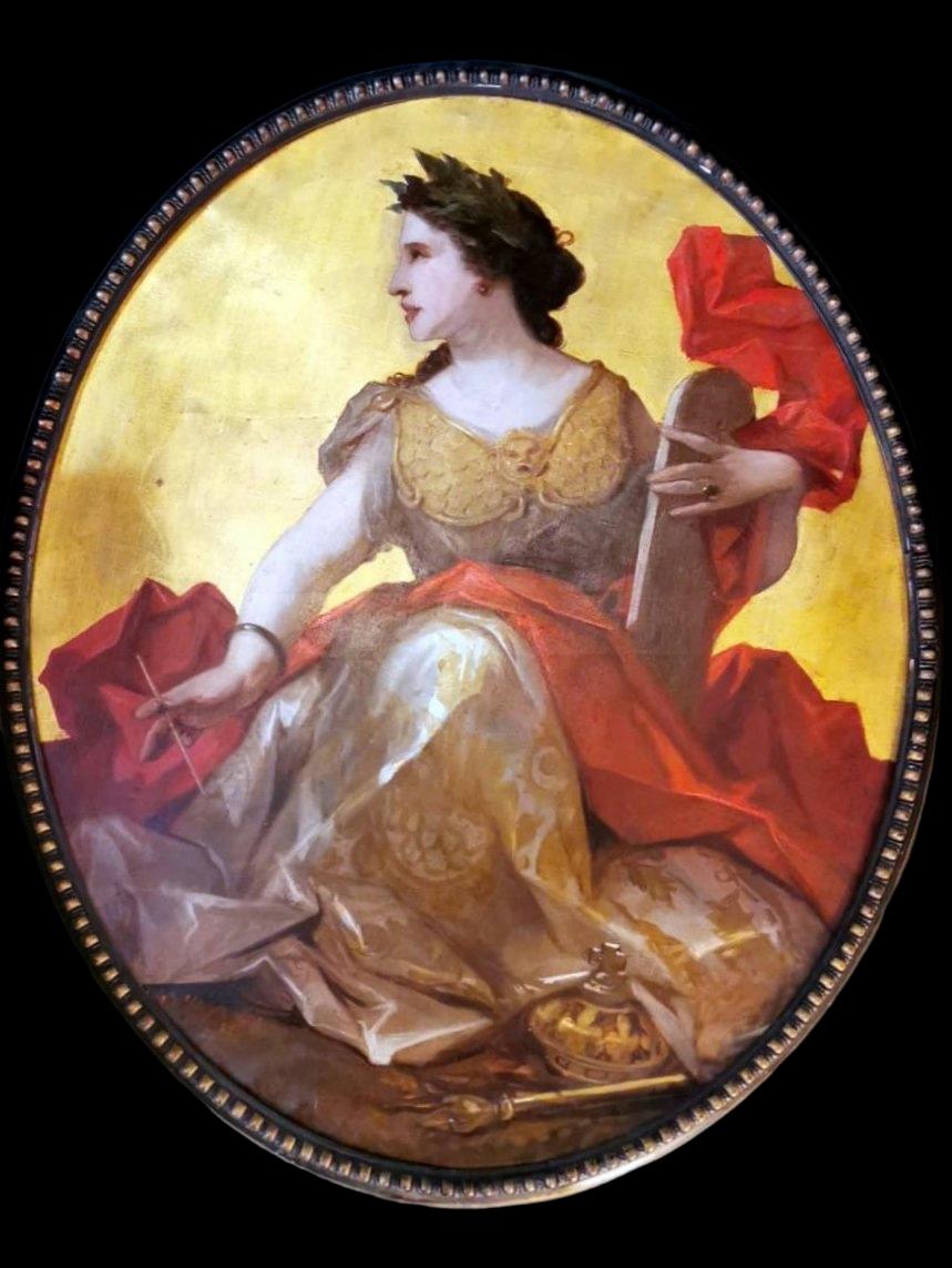 Napoleon III Style Large Oil On Canvas French Subject Calliope Gold Background In Good Condition For Sale In Prato, Tuscany