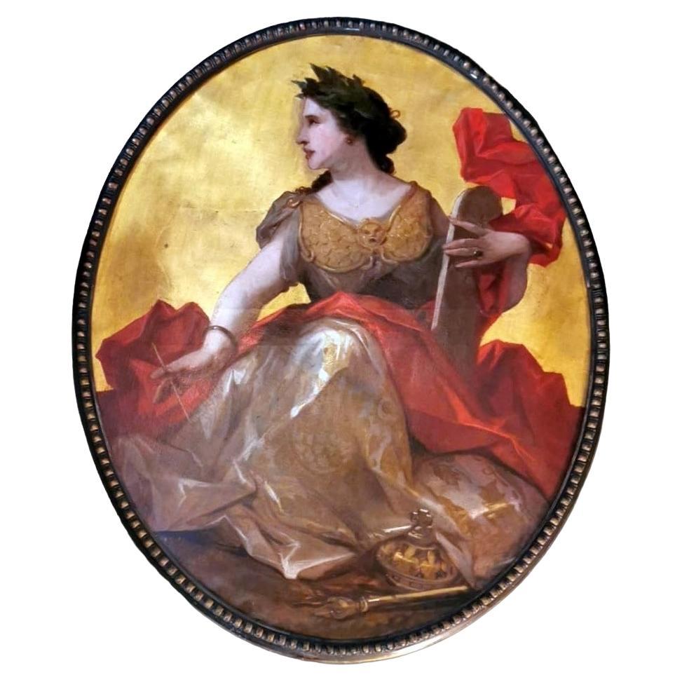 Huile sur toile de style Napoléon III Sujet français Calliope Fond d'or