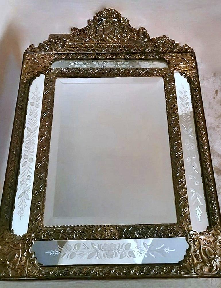 Hand-Crafted Napoleon III Style Large Wall Mirror In Burnished Brass 