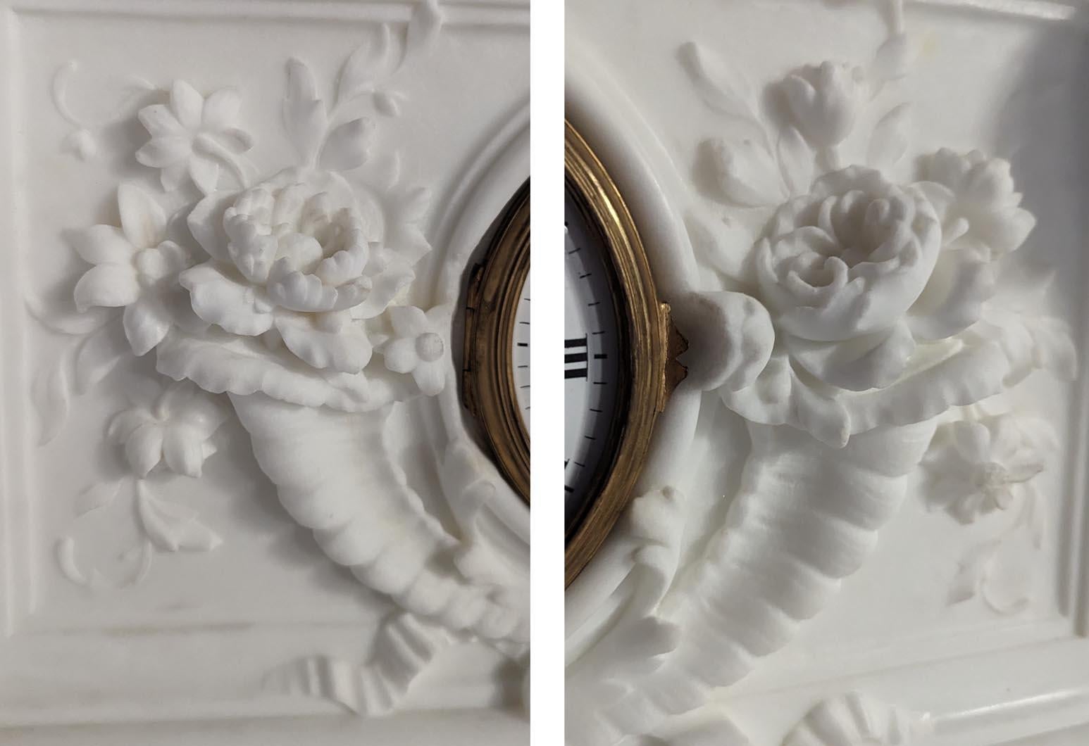 French Napoleon III-Style Mantelpiece in Statuario Carrara Marble Including a Clock For Sale