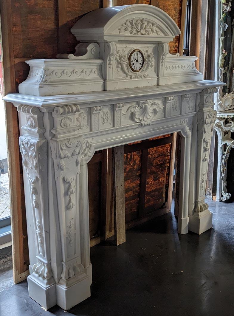 19th Century Napoleon III-Style Mantelpiece in Statuario Carrara Marble Including a Clock For Sale