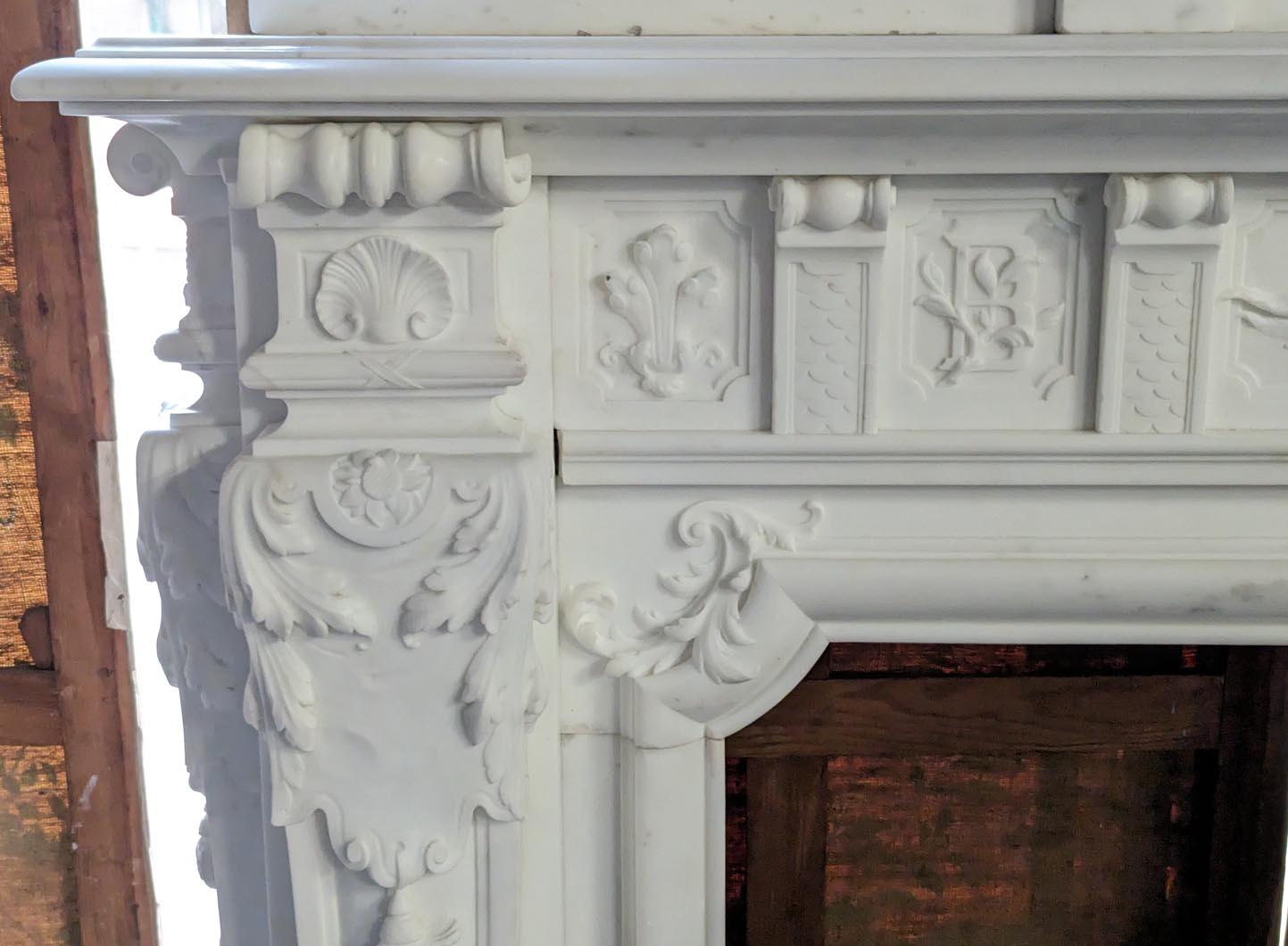 Statuary Marble Napoleon III-Style Mantelpiece in Statuario Carrara Marble Including a Clock For Sale