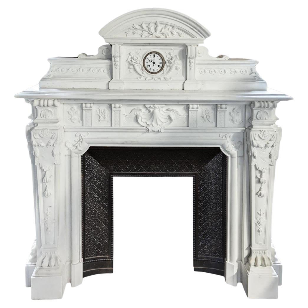 Napoleon III-Style Mantelpiece in Statuario Carrara Marble Including a Clock For Sale
