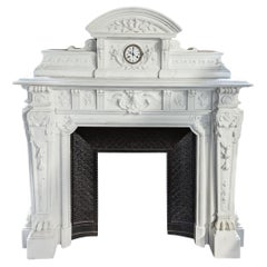 Antique Napoleon III-Style Mantelpiece in Statuario Carrara Marble Including a Clock