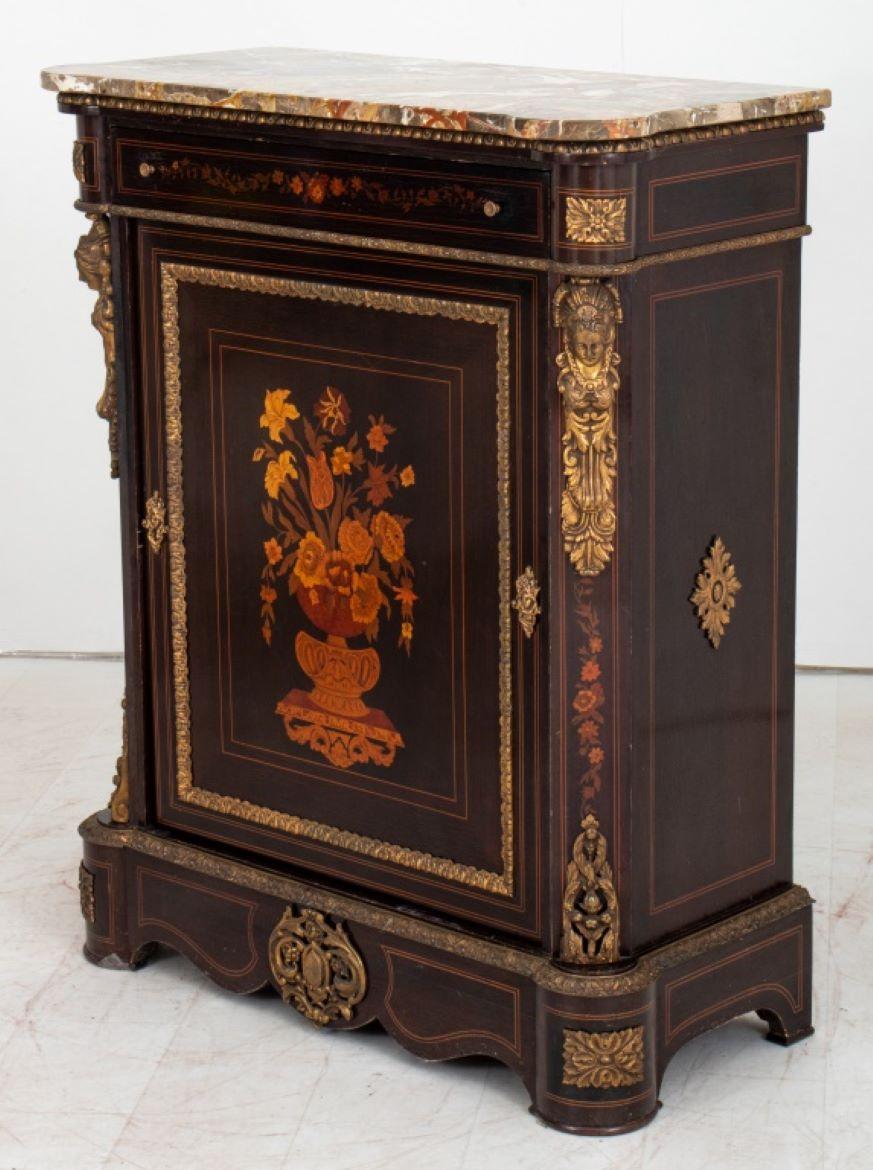 Napoleon III Style Marble-Top Ormolu-Mounted Marquetry Cabinet d'Appui, or parlor cabinet, the shaped top above a conforming cabinet with floral marquetry. 42