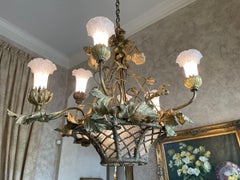 Napoleon III Style Metal & Glass Bead Basket Six-Light Chandelier