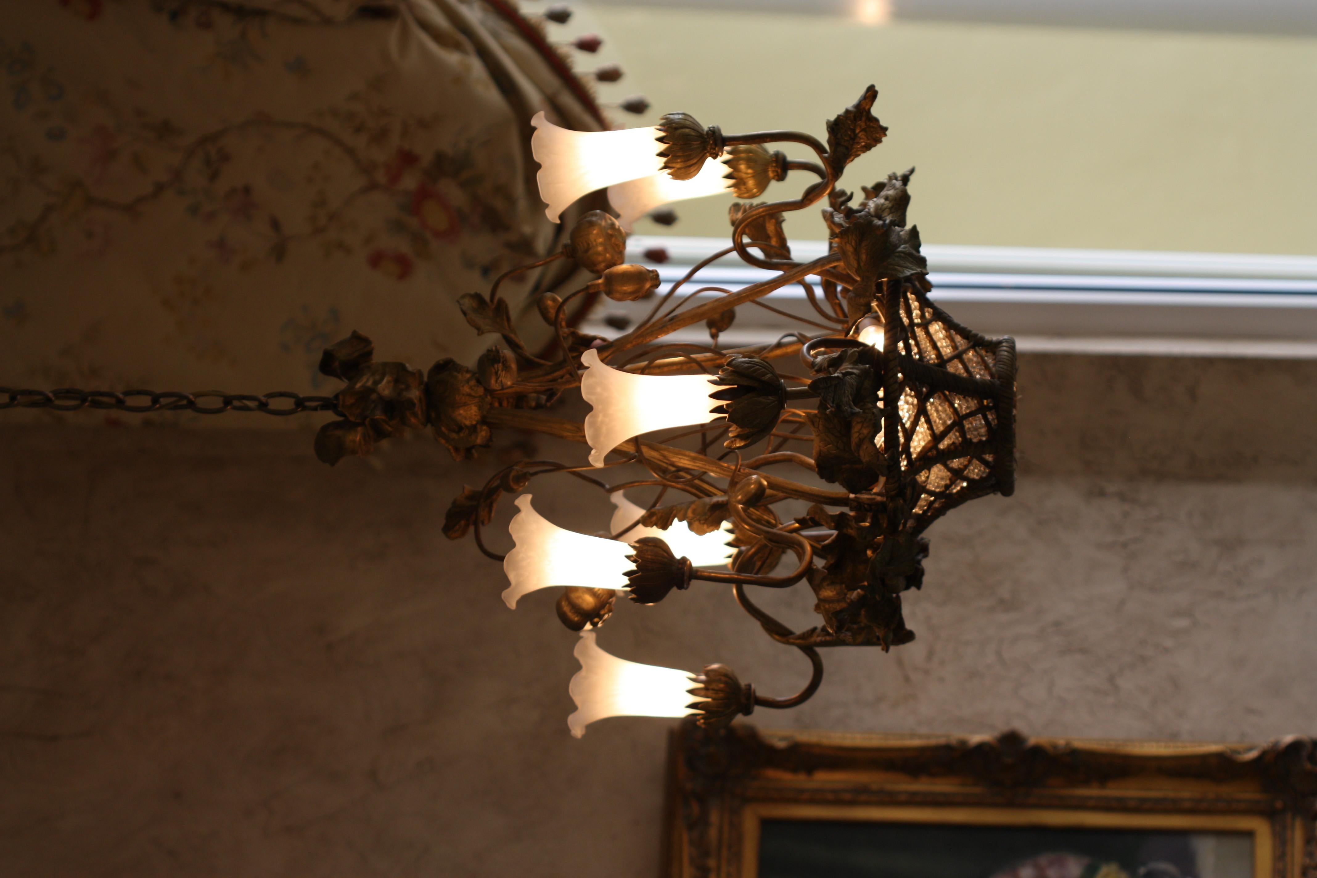  Napoleon III Style Metal & Glass Bead Basket Six-Light Chandelier  In Good Condition For Sale In West Palm Beach, FL