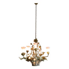 Lustre à six lumières en métal et perles de verre de style Napoléon III