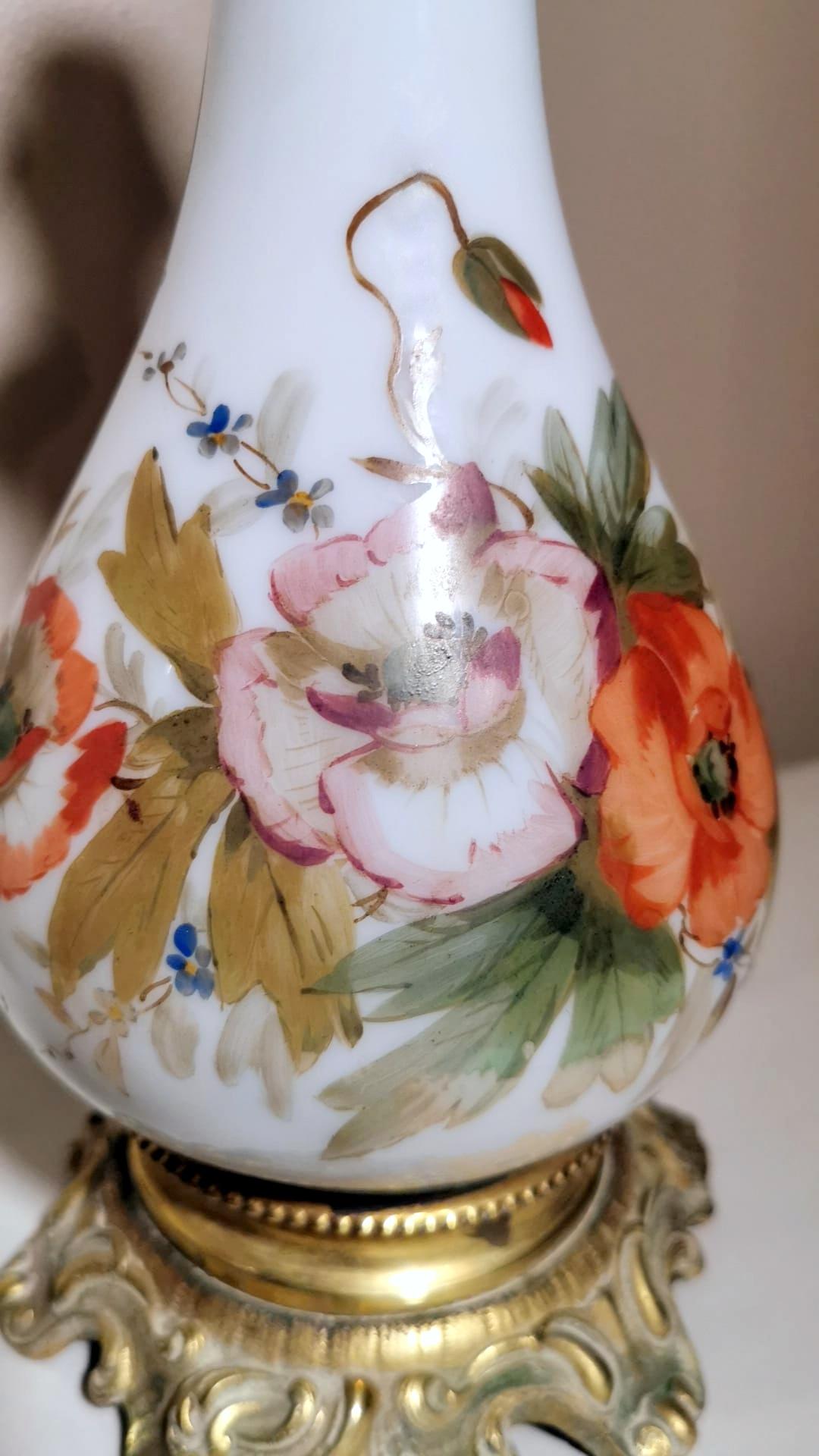 20th Century Napoleon III Style Pair French Hand Painted Opaline Glass Oil Lamps  For Sale