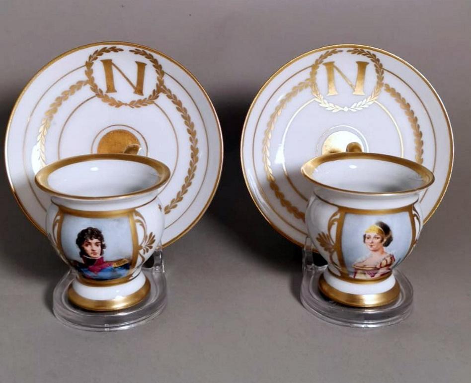 French Napoleon III Style Pair Of Limoges Porcelain Cups With Plate Hand Painted For Sale