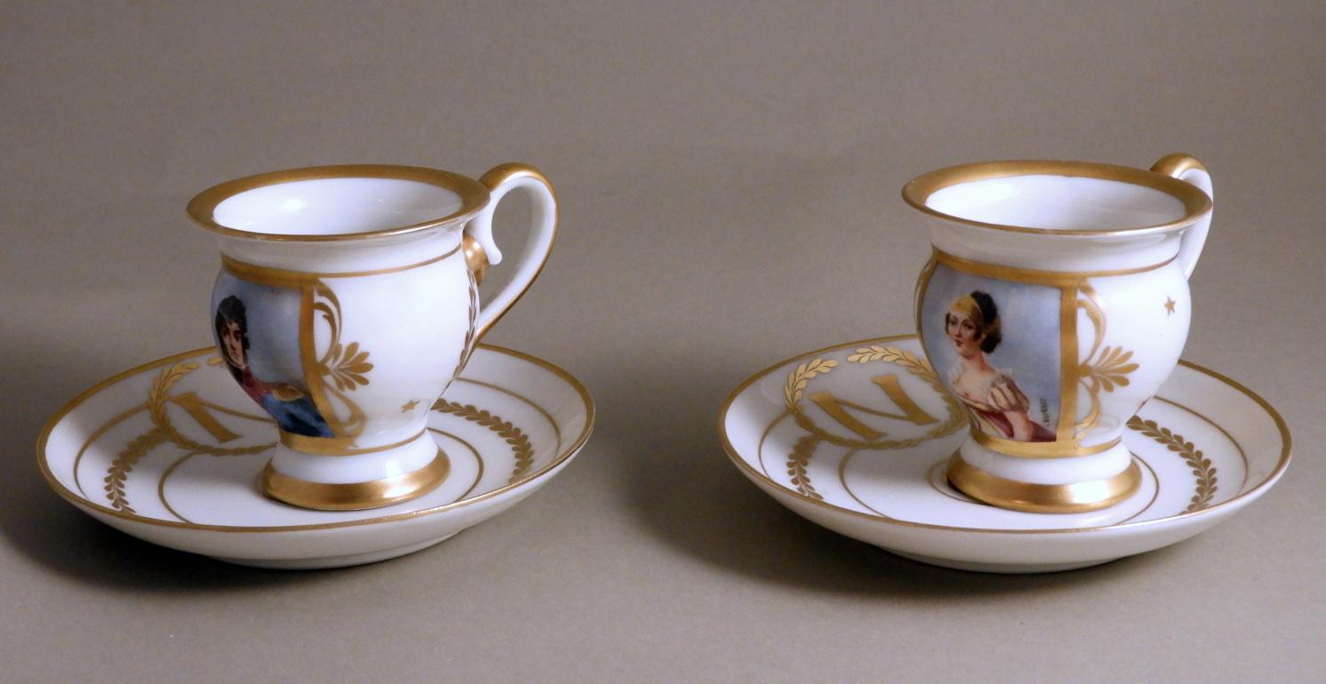 19th Century Napoleon III Style Pair Of Limoges Porcelain Cups With Plate Hand Painted For Sale