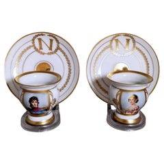 Napoleon III Style Pair Of Limoges Porcelain Cups With Plate Hand Painted
