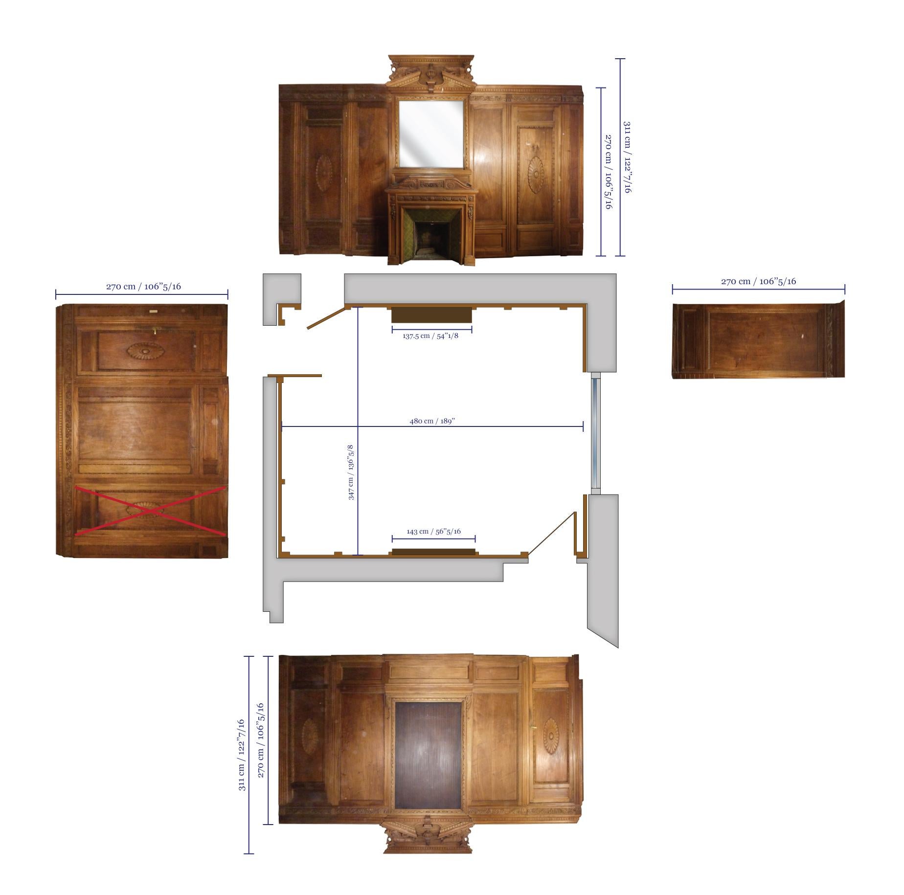 Getäfeltes Zimmer im Stil Napoleons III. mit Kamin und Spiegel im Angebot 1