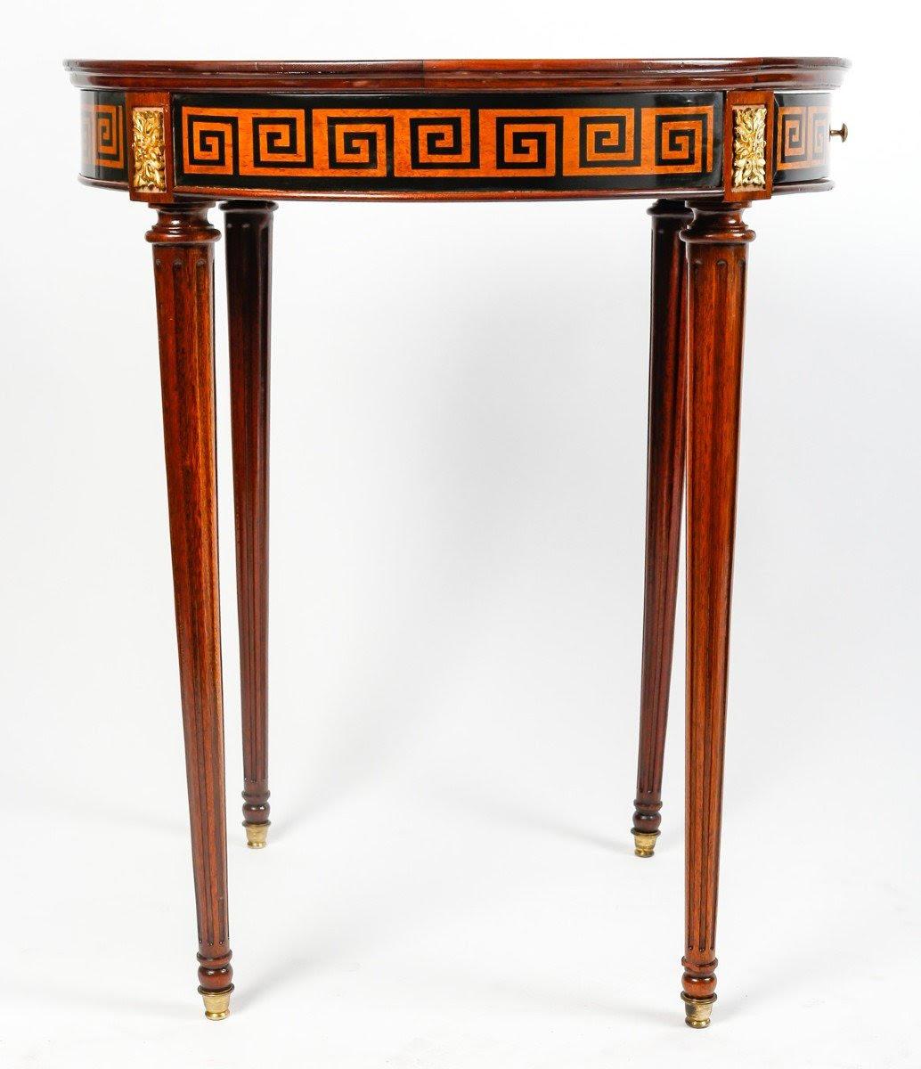 20th Century Napoleon III Style Pedestal Table, in Wood Marquetry and Gilt Bronze. For Sale
