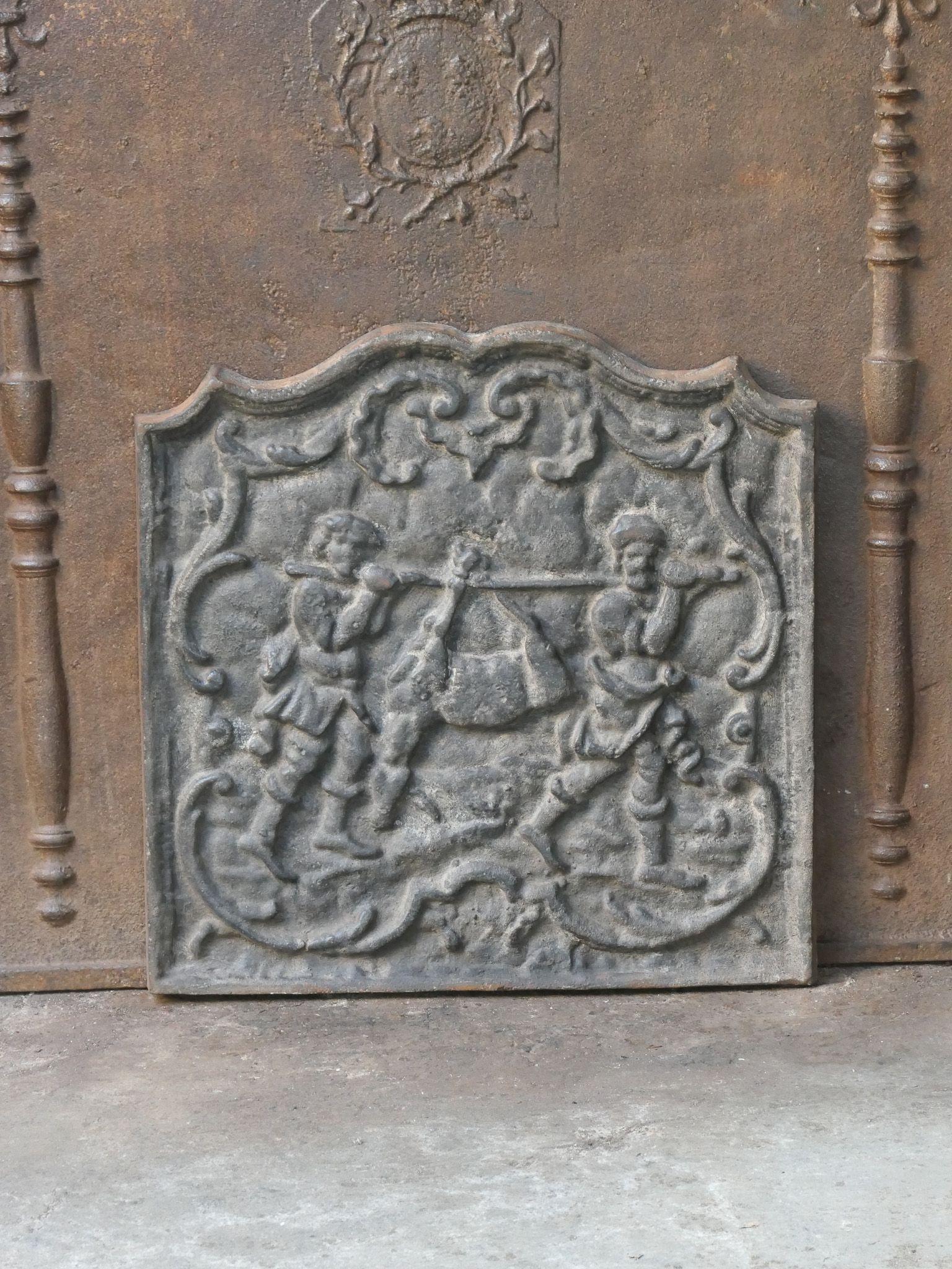 20th century Victorian Style fireback with a hunting scene.

The fireback is made of cast iron. The patina is natural brown. Upon request, it can be made black/pewter at no extra cost. The fireback is in good condition and does not have any cracks.