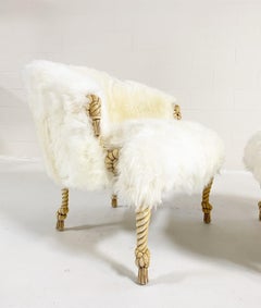 Napoleon III Style Rope and Tassel Carved Chair and Ottoman in Sheepskin