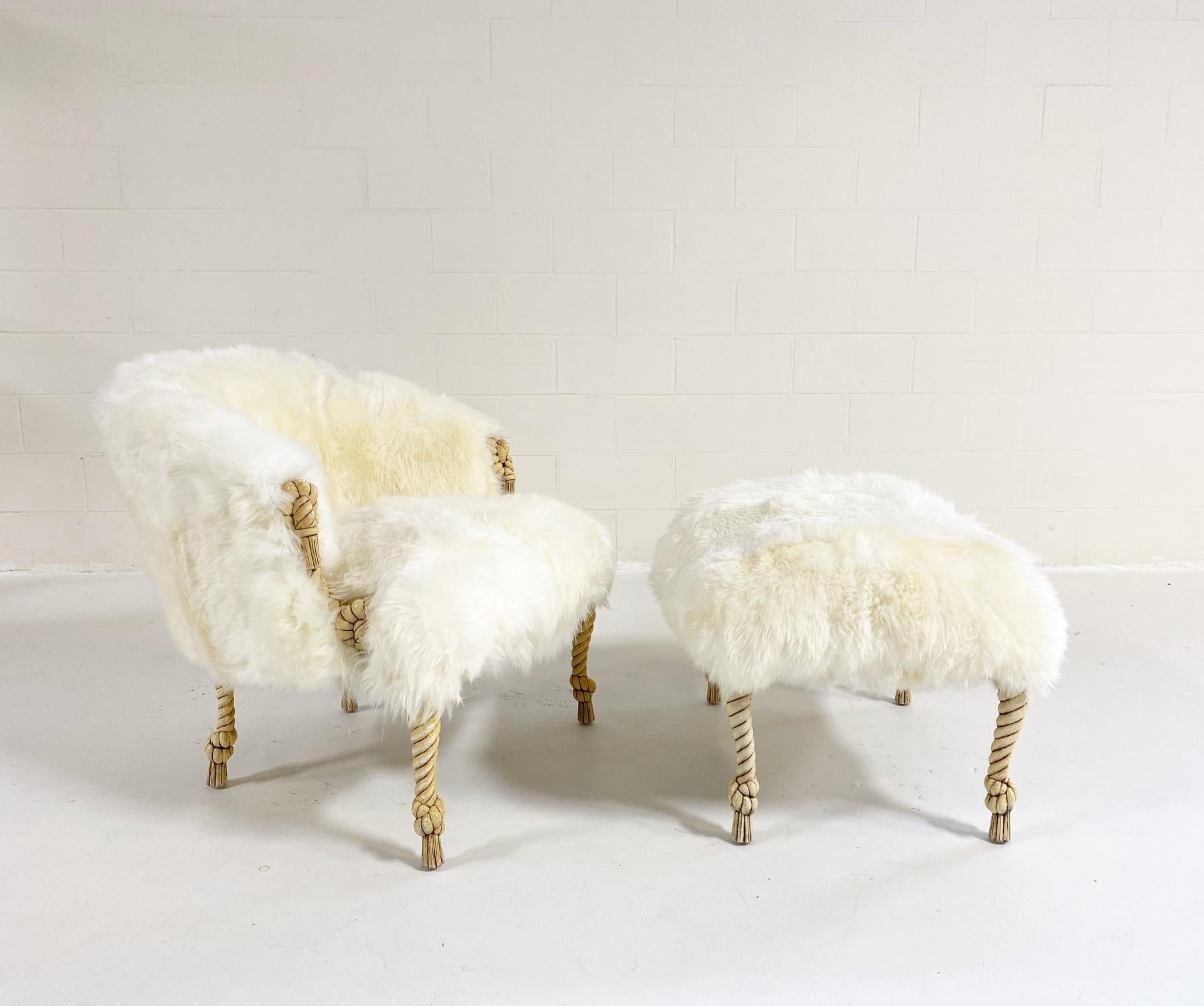 20th Century Napoleon III Style Rope and Tassel Carved Chair and Ottoman in Sheepskin