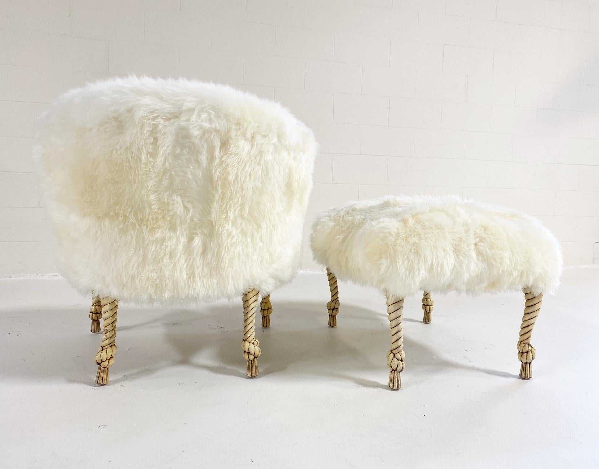 Napoleon III Style Rope and Tassel Carved Chair and Ottoman in Sheepskin 1