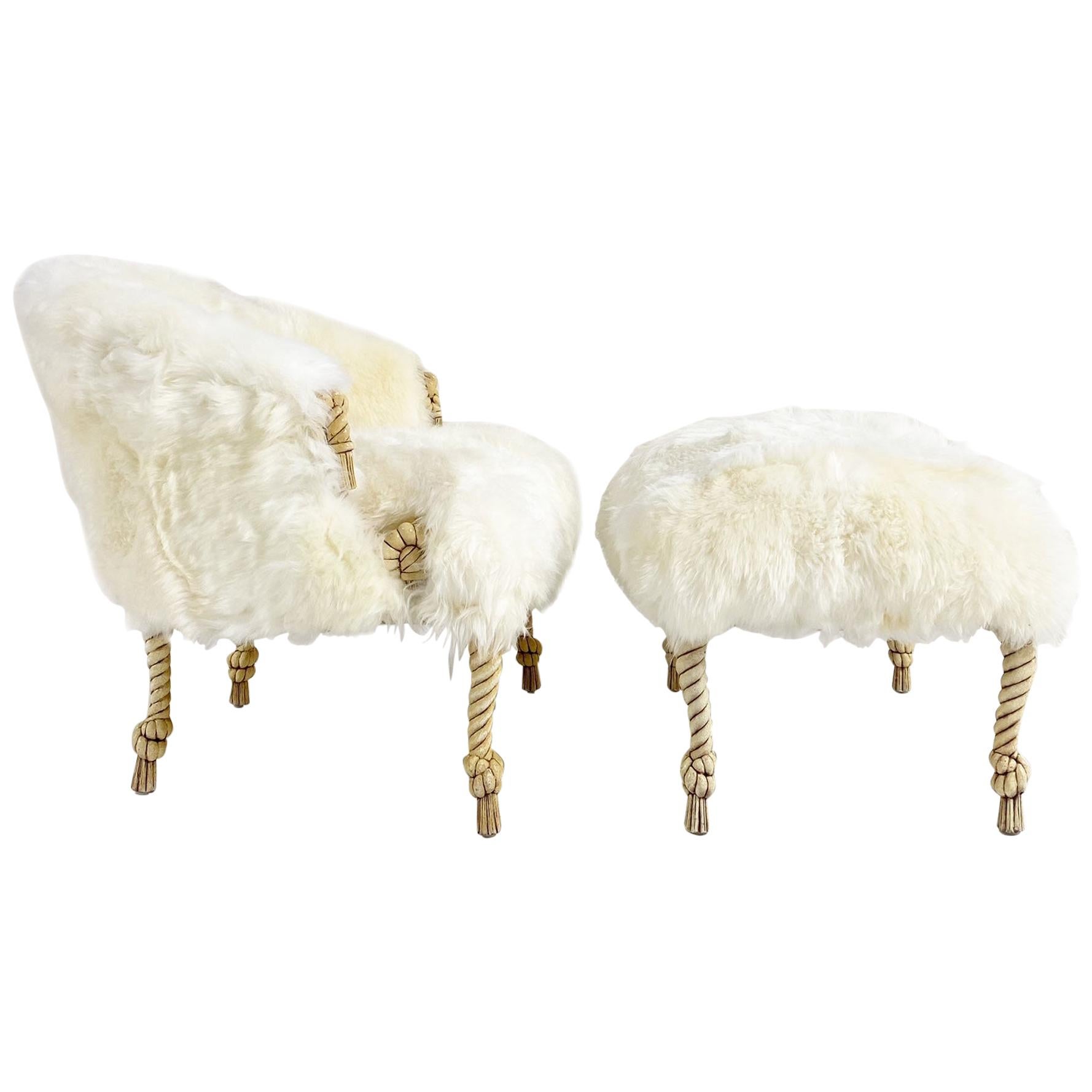 Napoleon III Style Rope and Tassel Carved Chair and Ottoman in Sheepskin