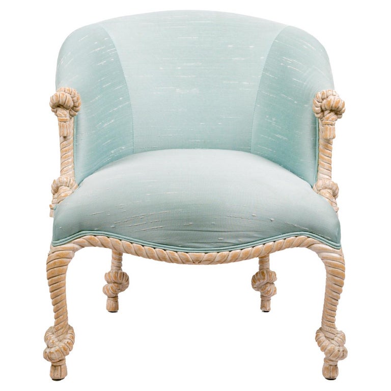 This timeless Napoleon III style “rope” tub chair in a white washed cerused wood is in its original time worn turquoise silk. This chair is comfortable and stylish. Reupholster or leave it in its vintage fabric it makes a very pretty compliment to