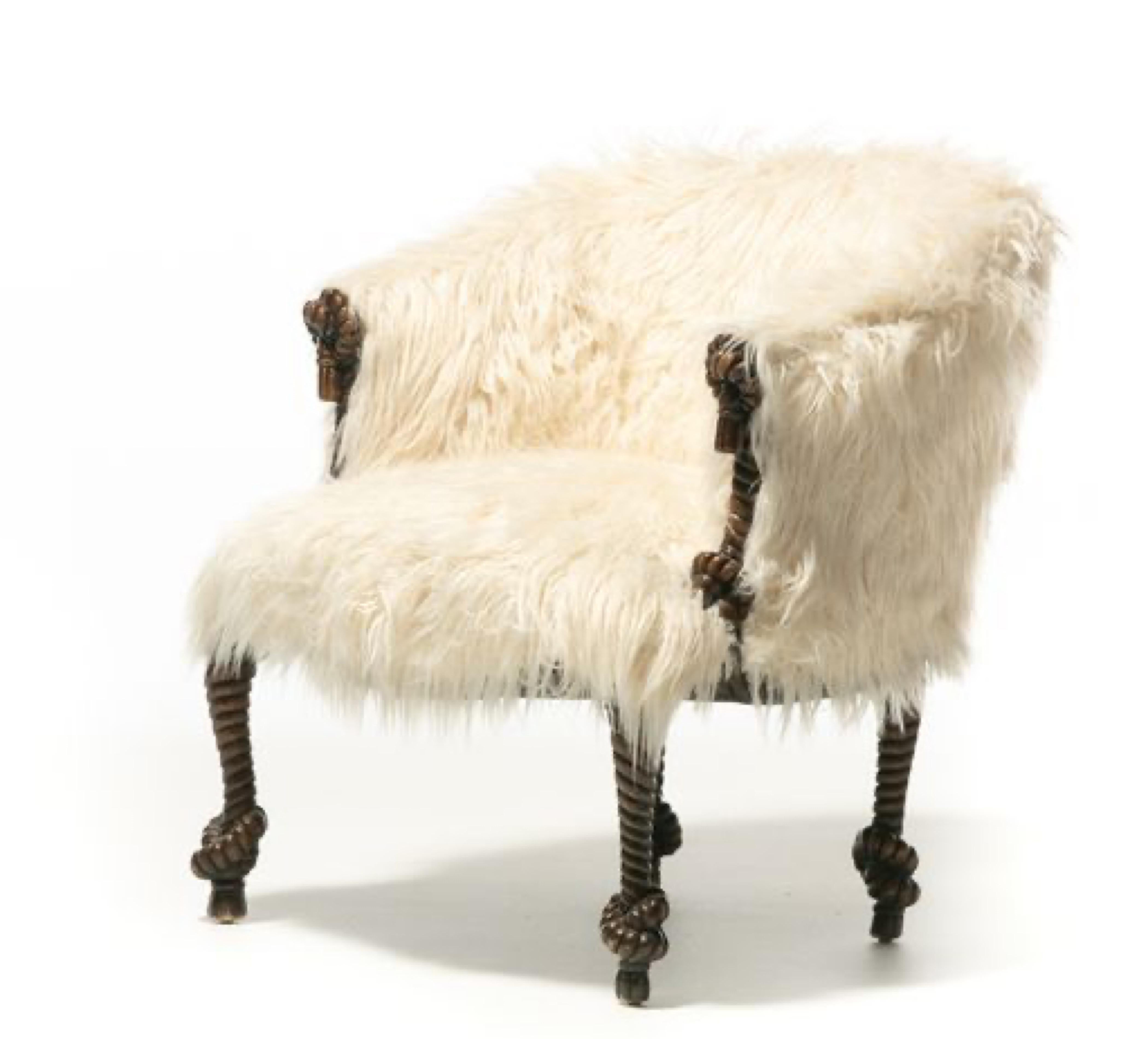 Hollywood Regency Napoleon III Style Twisted Rope & Tassel Frame Chair in Faux Fur Upholstery 