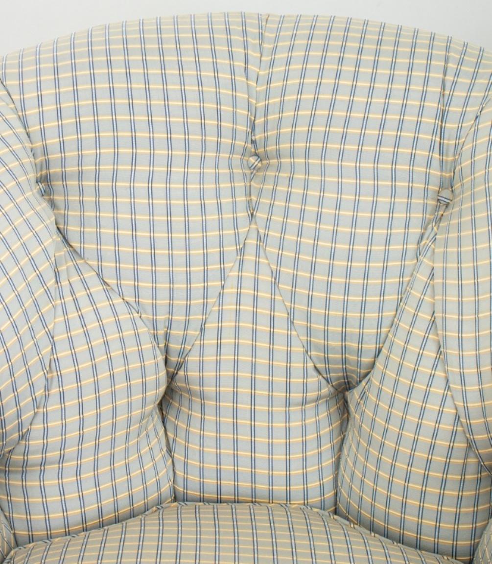 Napoleon III style pair of light blue tartan upholstered easy arm chairs or 