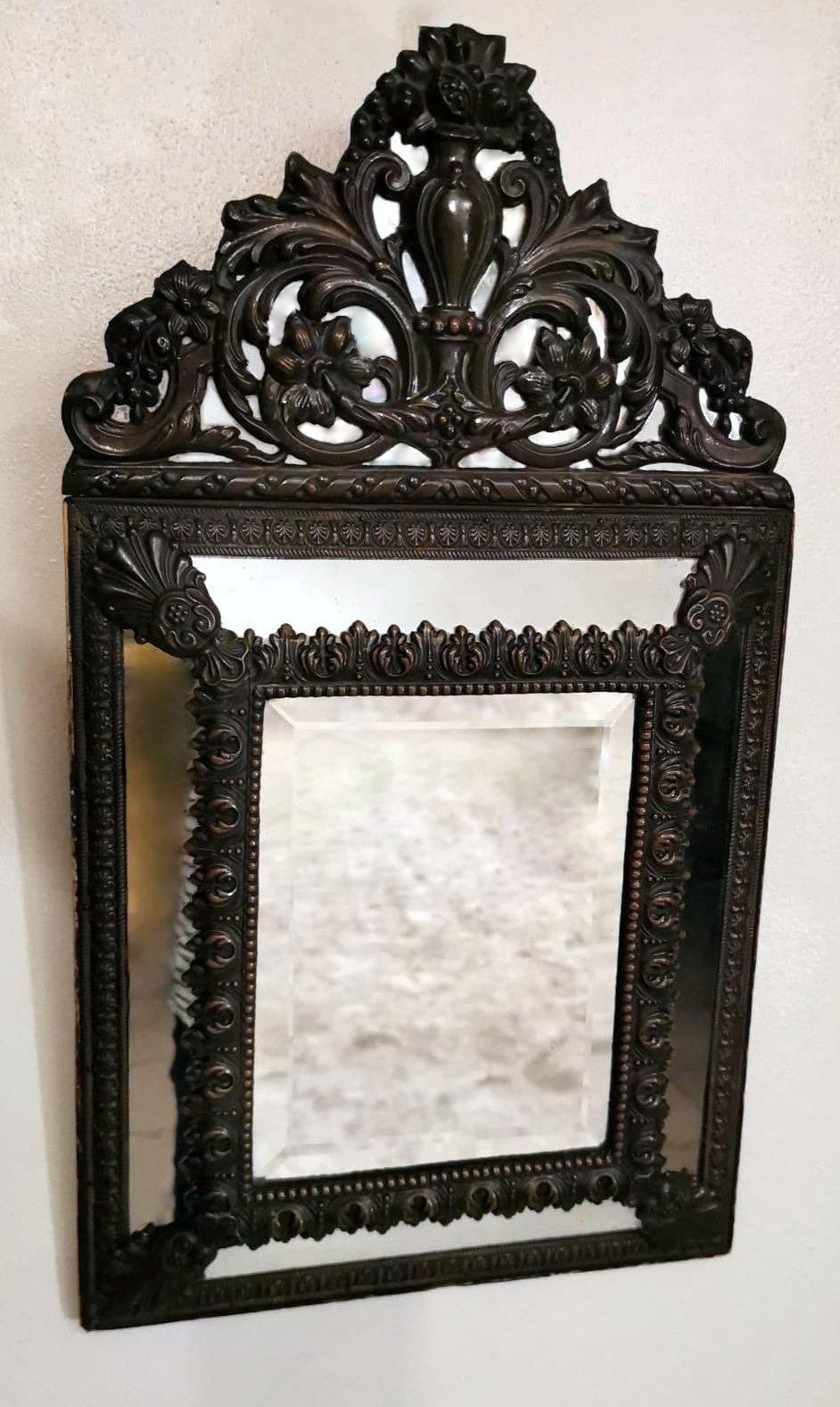 French Napoleon III Style Wall Mirror in Burnished Brass 