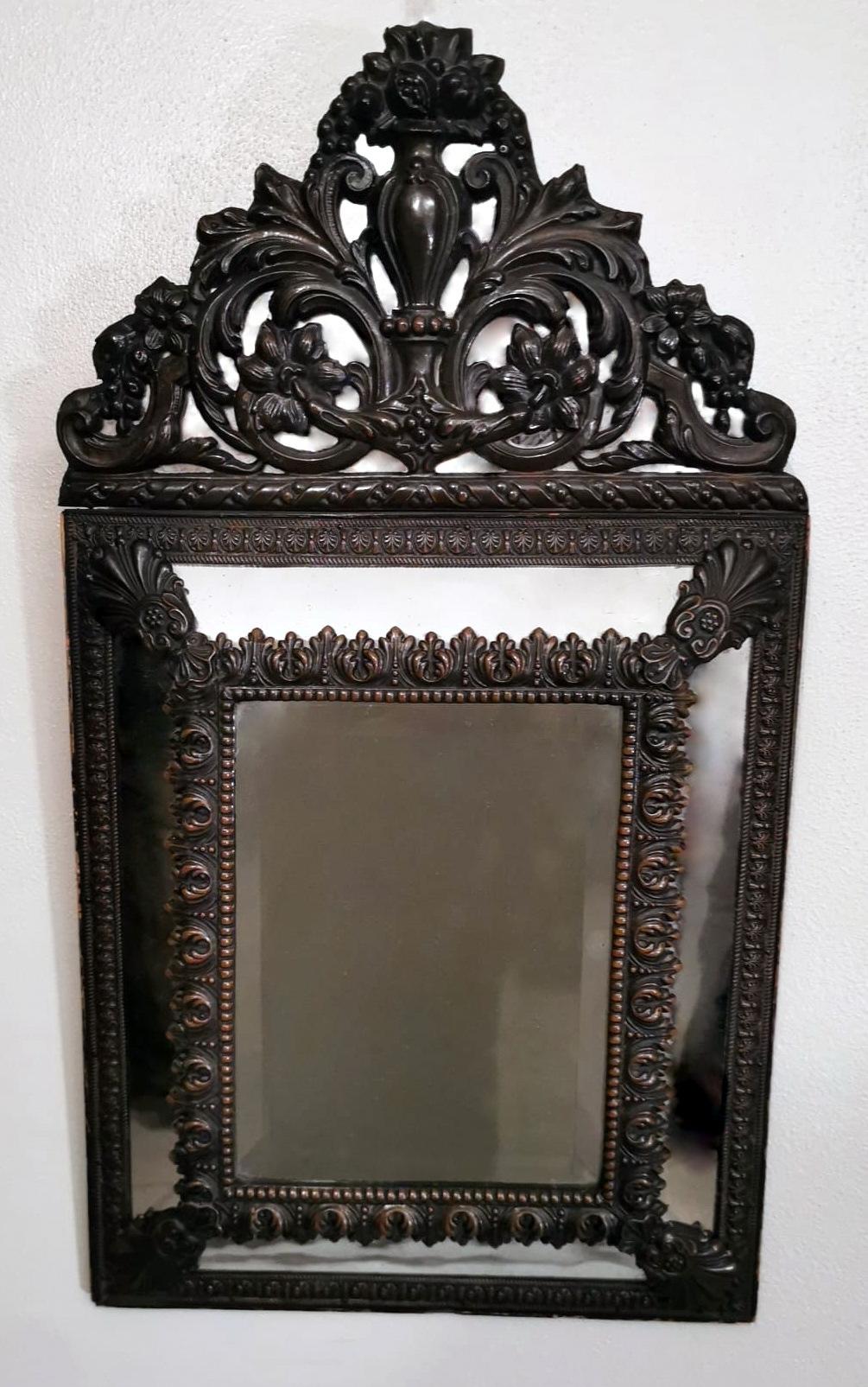 Embossed Napoleon III Style Wall Mirror in Burnished Brass 
