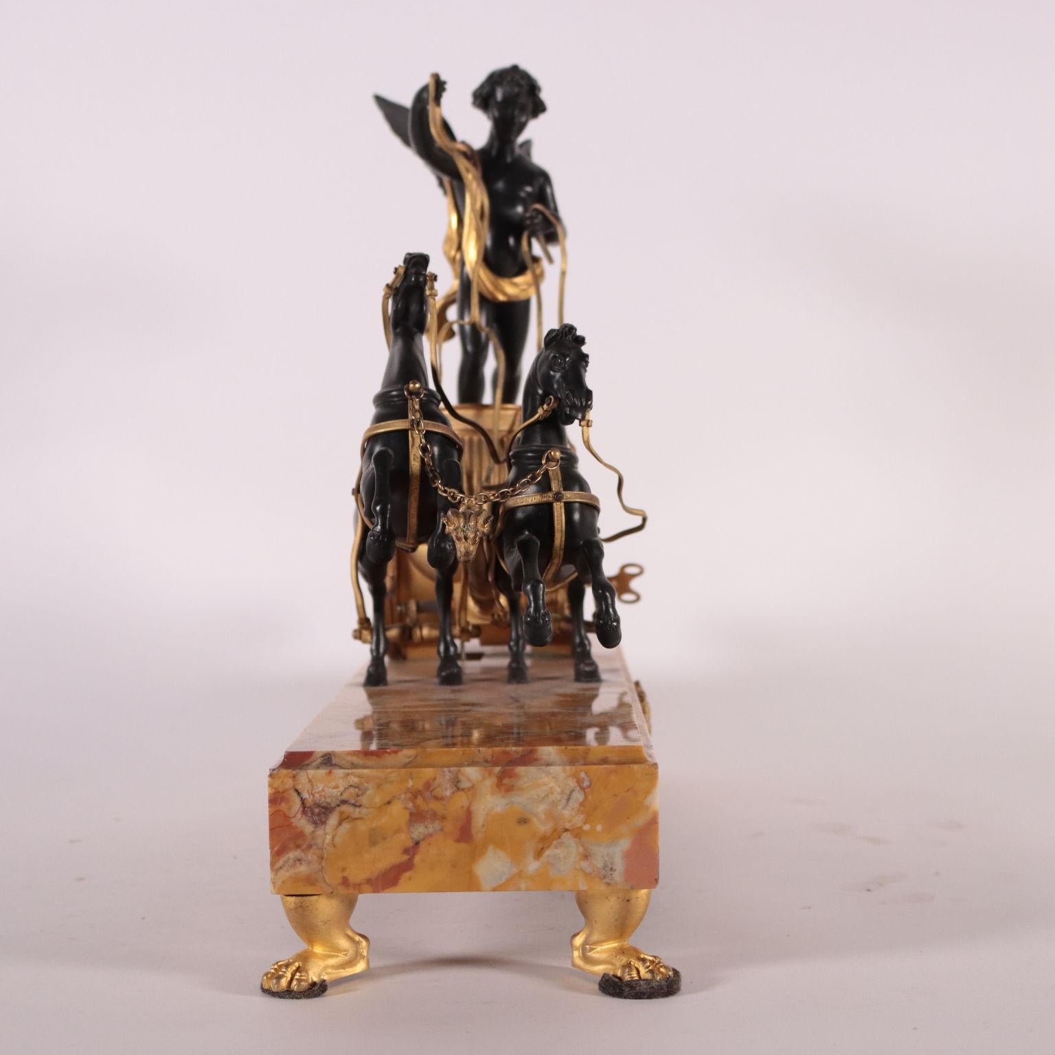 French Napoleon III Table Clock Bronze Yellow Marble of Siena, France, 19th Century
