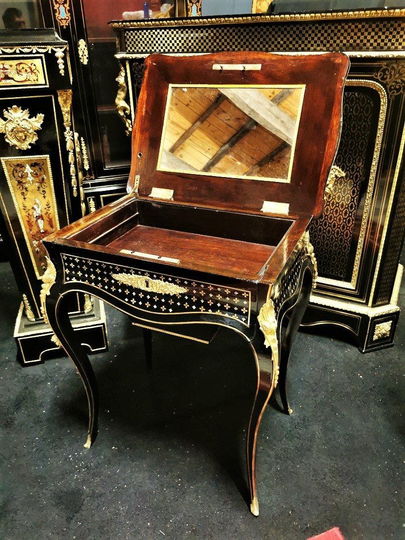 Blackened Napoleon III Table in Boulle Style Marquetry, 19th Century