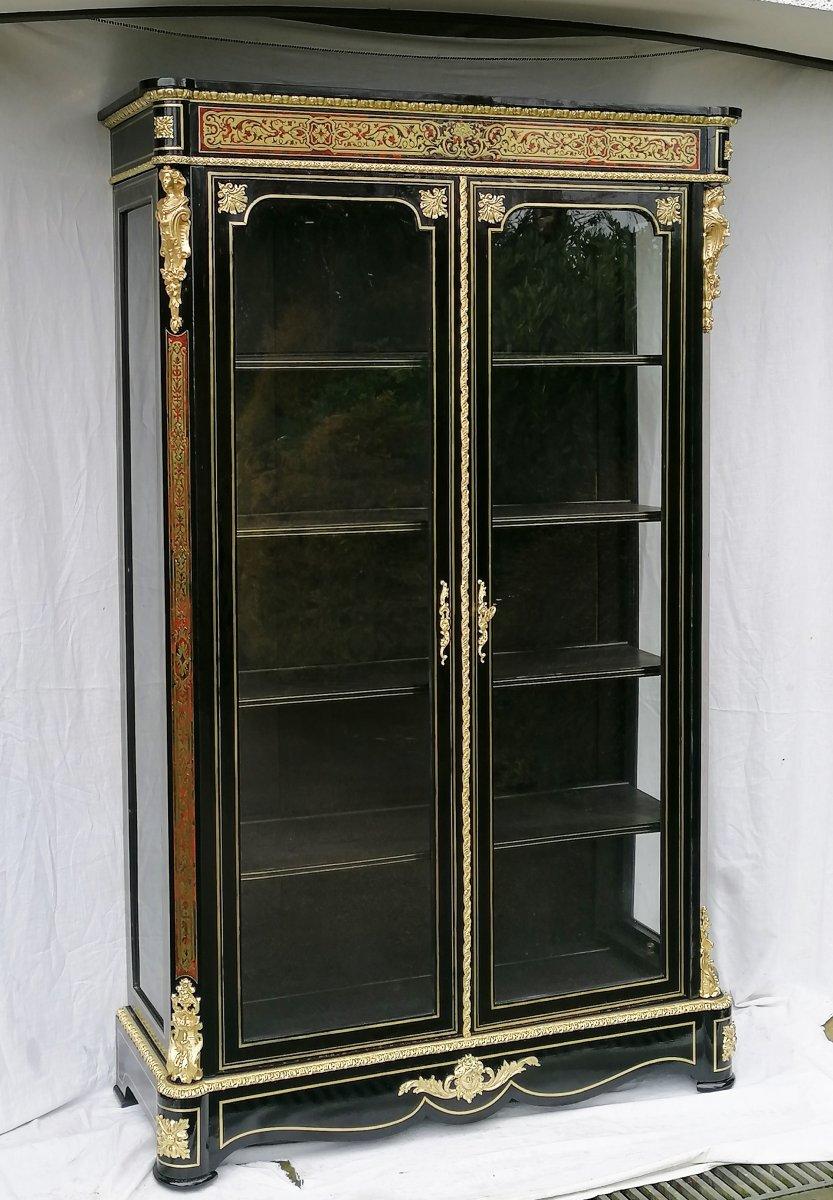 Blackened Napoleon III Tall Impressive Boule Vitrine Bookcase Cabinet, France, 1860