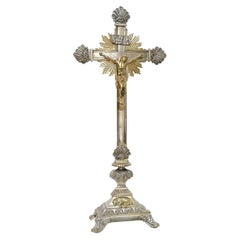Antique Napoleon III Tall Table Gilt and Silvered Bronze Crucifix Cross, France, 1850