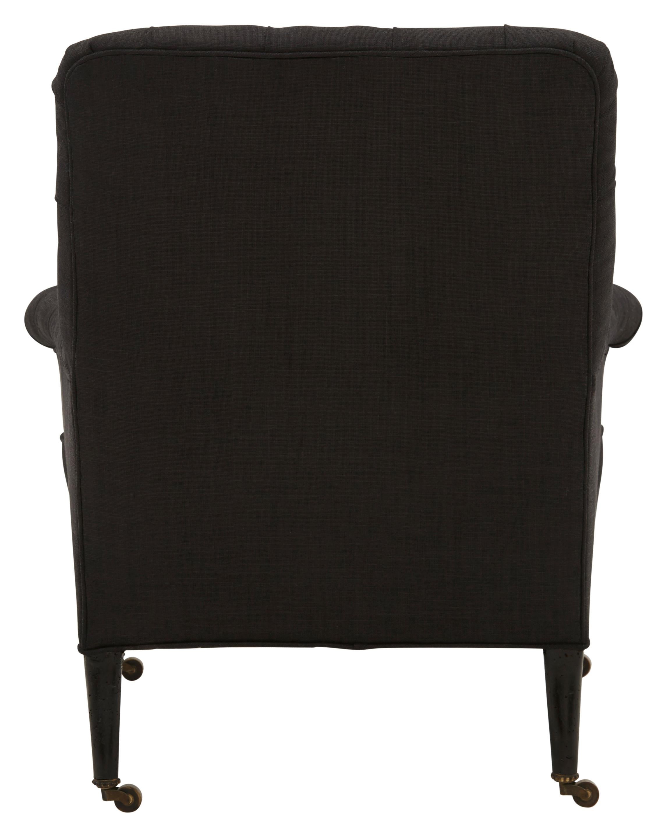 Ebonized Napoleon III Tufted Armchair Reupholstered in Black Glazed Linen