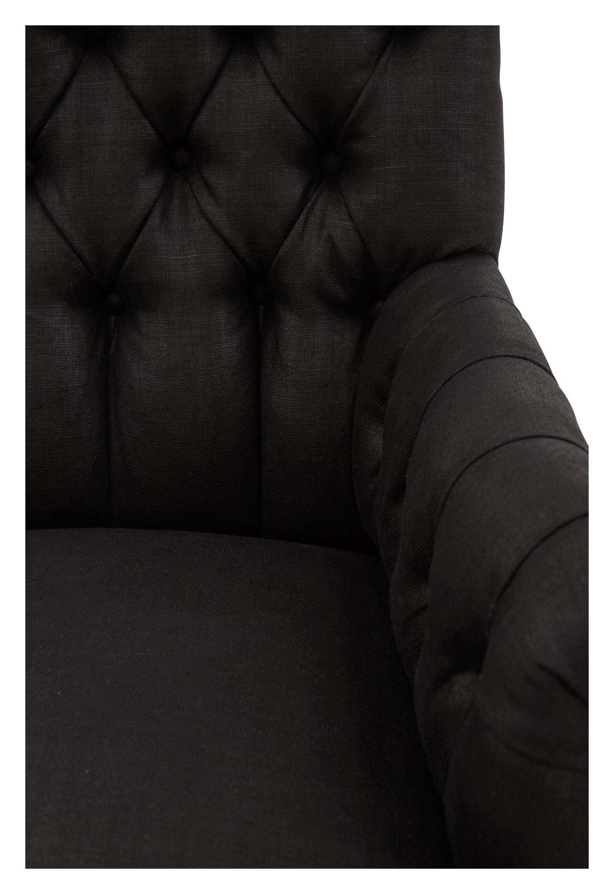 19th Century Napoleon III Tufted Armchair Reupholstered in Black Glazed Linen